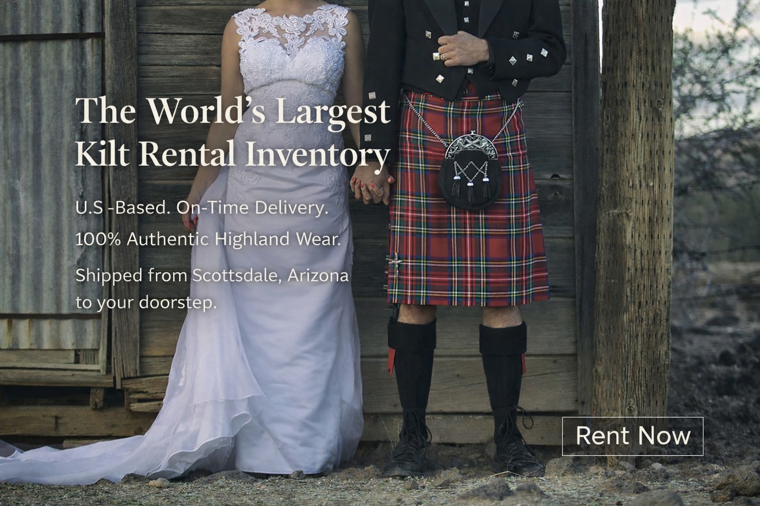 Bride and groom holding hands, groom wearing traditional Scottish kilt outfit, showcasing authentic Highland wear available for nationwide rental delivery from Scottsdale, Arizona.